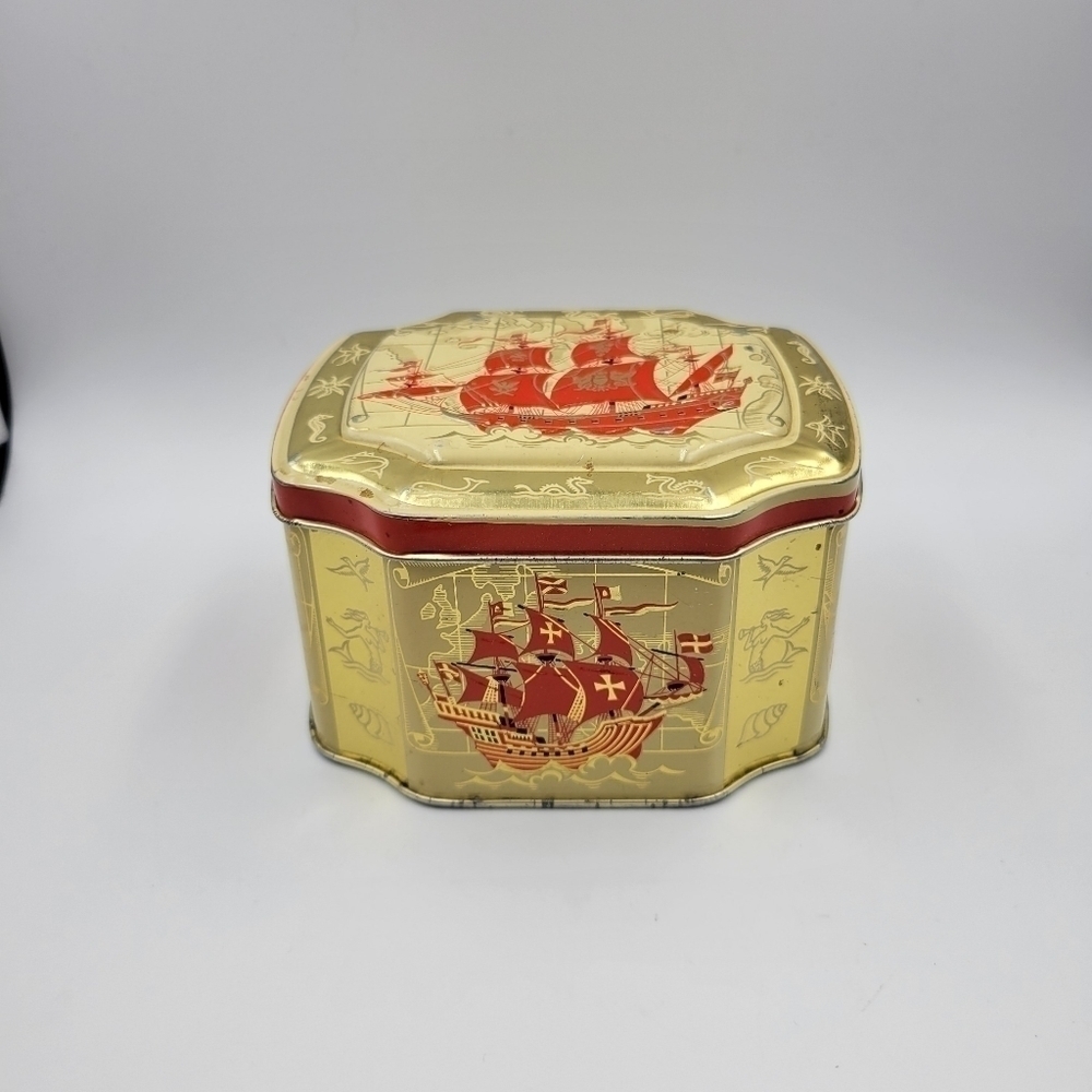 Vintage Ship Naval Nautical Tin Gold & Red